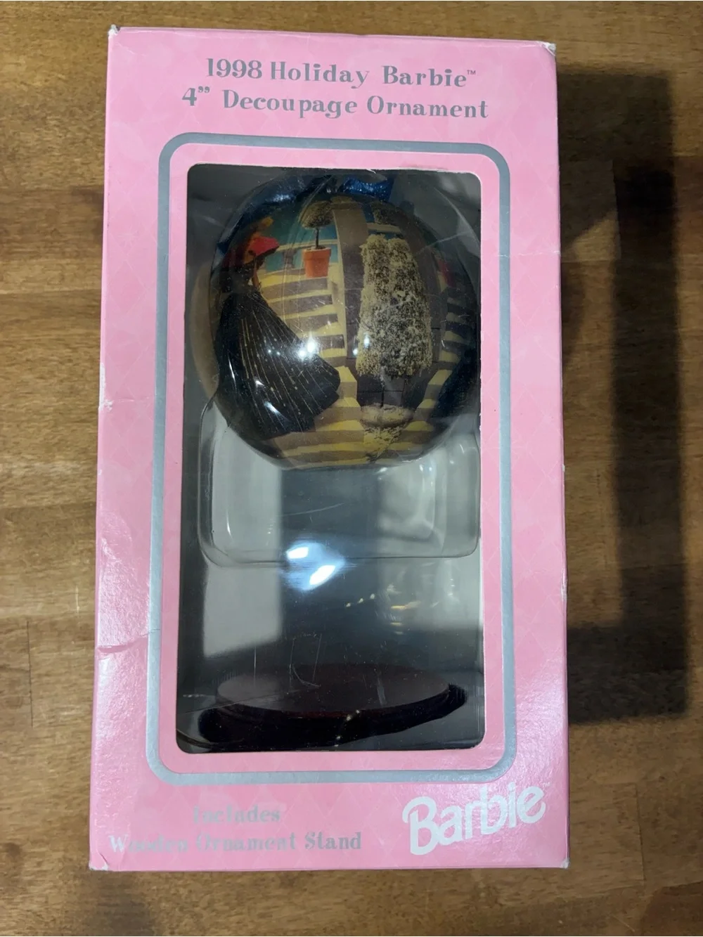 Barbie 1998 Holiday Barbie 4in Decoupage Christmas Ornament w/ Wooden Stand